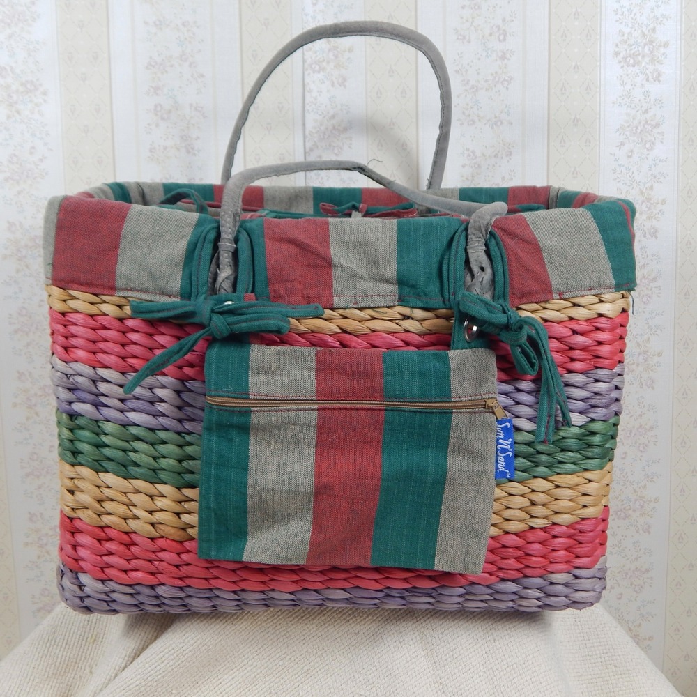 Vintage 2000 Sun N Sand Woven Beach Basket Set Mat Pillow Bag Y2K 4 Piece